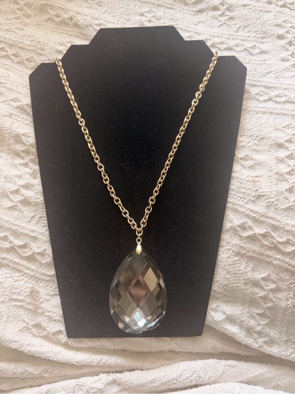Gold Chain Necklace with Large Faceted Smokey Quartz Teardrop Pendant